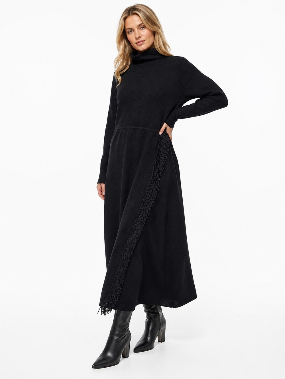 Vintage 90s Coldwater Creek Wool Blend Fringe Maxi Sweater Dress Modest Large